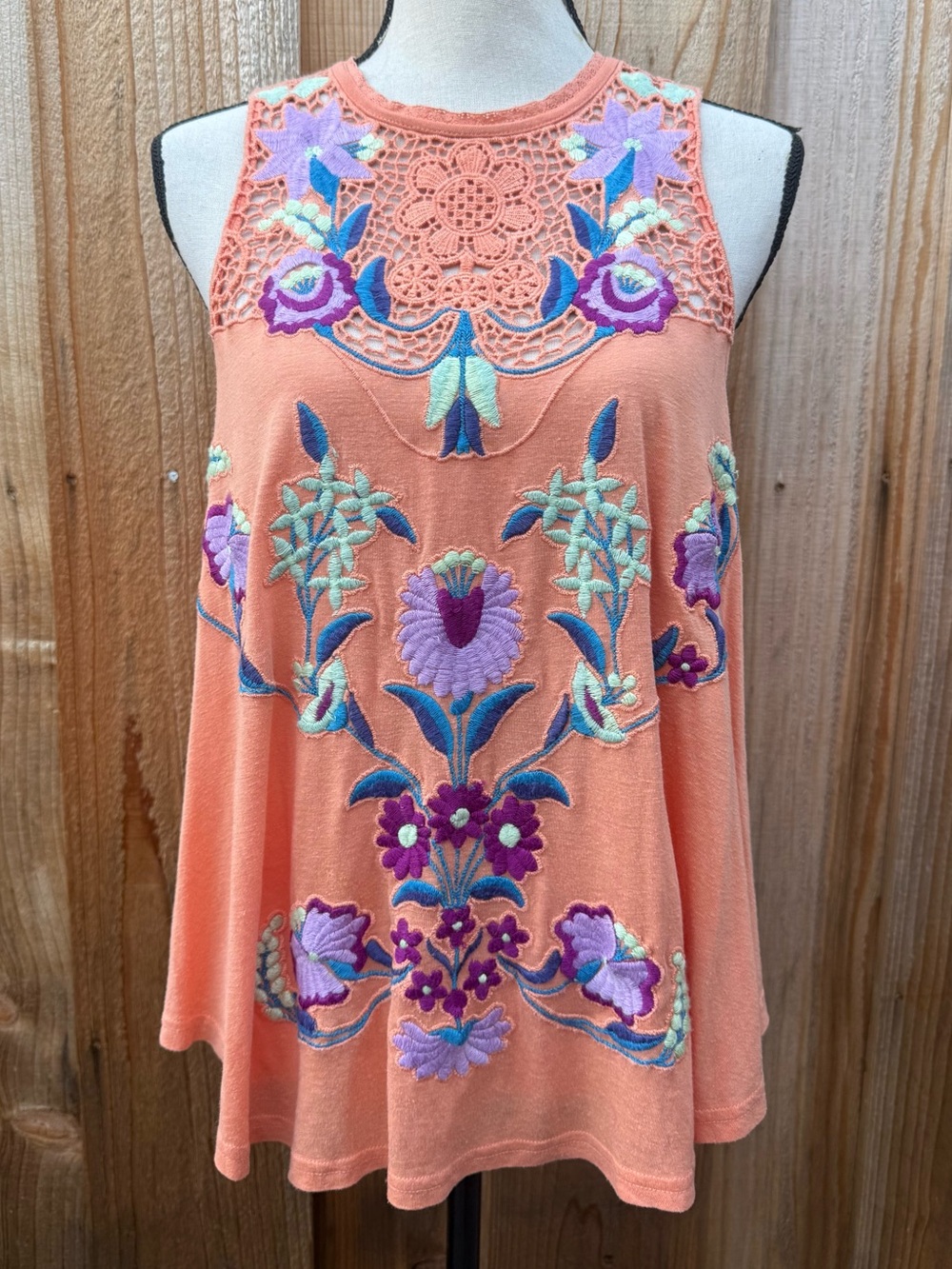 Free People Coral Crochet Floral Embroidered Tank flowy